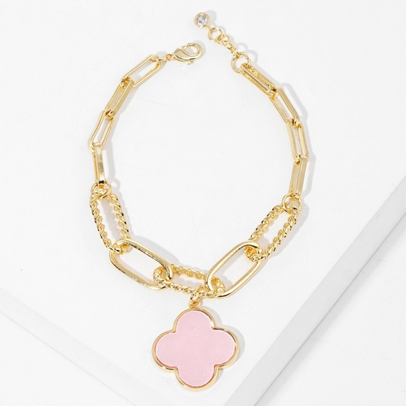 Pink & Gold Quatrefoil Pendant Charm Bracelet Clover Link Chain Jewelry - Picture 1 of 3